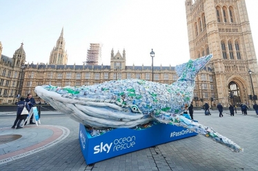 Plastic Whale outside Westminster highlighting the impact on our environment